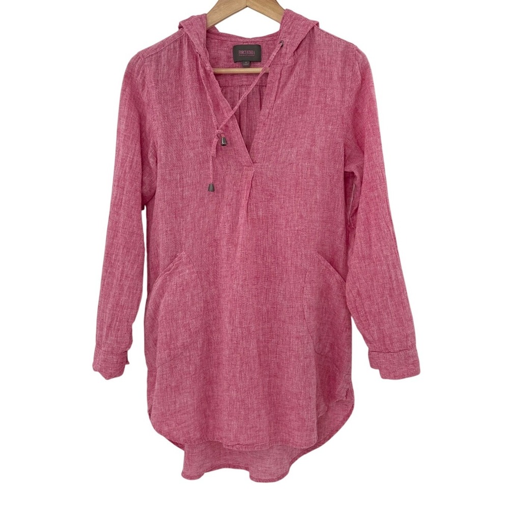 Forcynthia Beachwear Pink Linen Cotton Hooded Tunic Top Small Roll Tab Sleeve